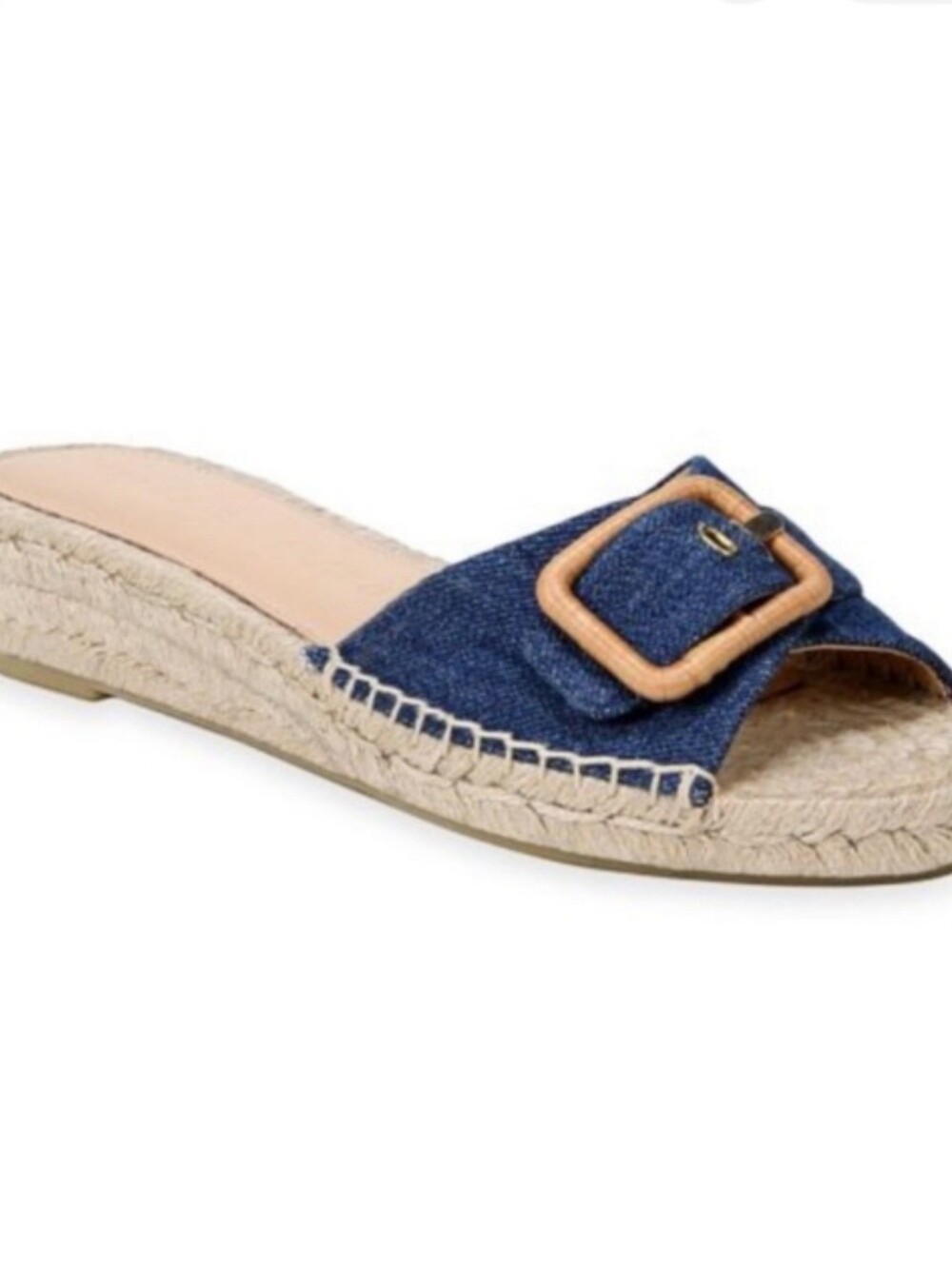 VERONICA BEARD APA BUCKLED DENIM ESPADRILLE SLIDES, SIZE 6.